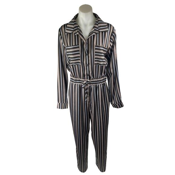 Lulus Pants - Lulus Black Striped Long Sleeve Drawstring Pockets Button Down Shirt Jumpsuit S